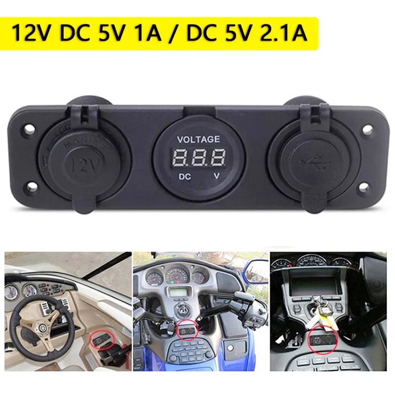 

Dewtreetali 2017 Car Charger Motorcycle Plug Dual USB Adaptor+12V Cigarette Lighter Socket Blue LED +Digital Voltmeter Mobile