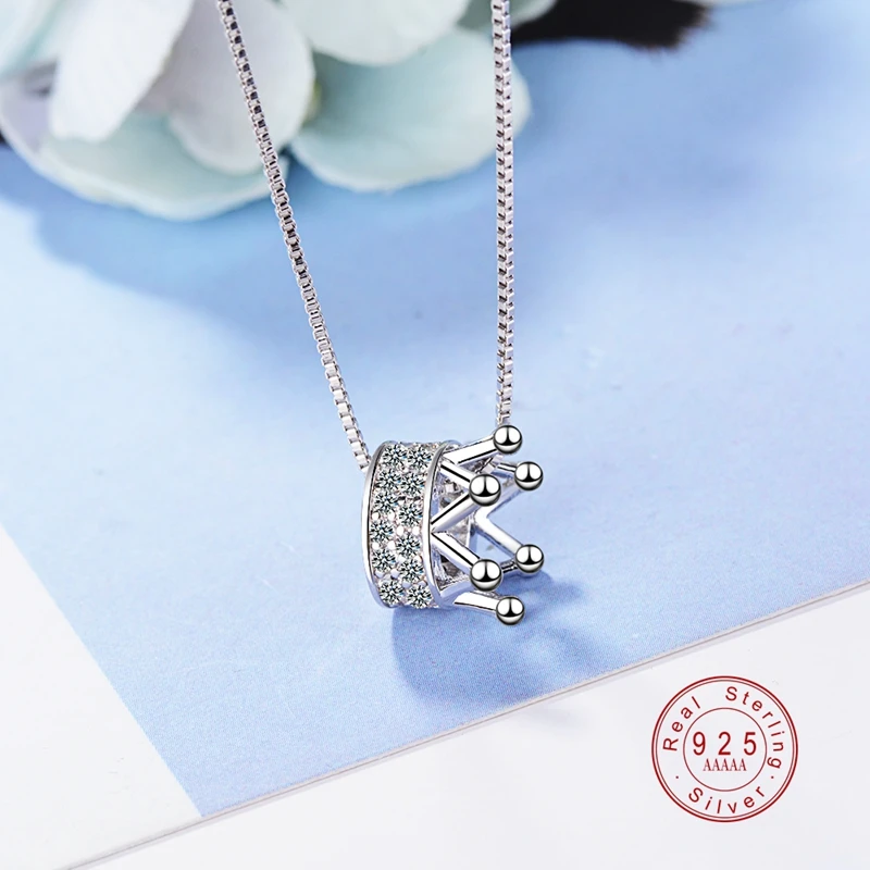 

Unique Genuine 925 Sterling Silver Princess Crown Clear CZ Pendant Silver/Golg Charms Necklaces Chain Fine Jewelry For Women