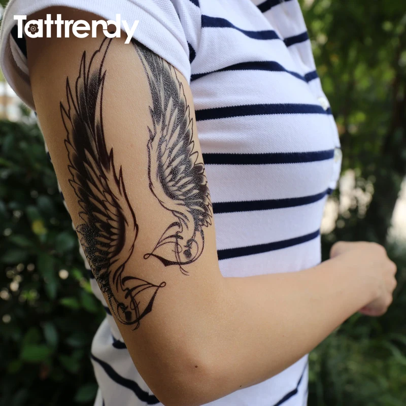 Вспышка черная Татуировка водонепроницаемые женские сексуальные Крылья Ангела на плечо Поддельные Временные татуировки наклейки для мужчин на тело живопись C051