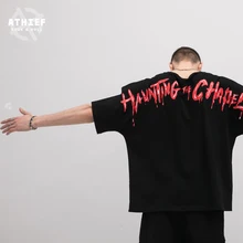 Athief Tide card terror Rocking Even sleeves T-shirt male Blood drops letter Large printing Loose Short sleeves Shirt