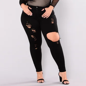 

2019 Hot Women Hole Jeans Plus Size Slim Fit Bodycon Casual Denim Pants for Summer HD88
