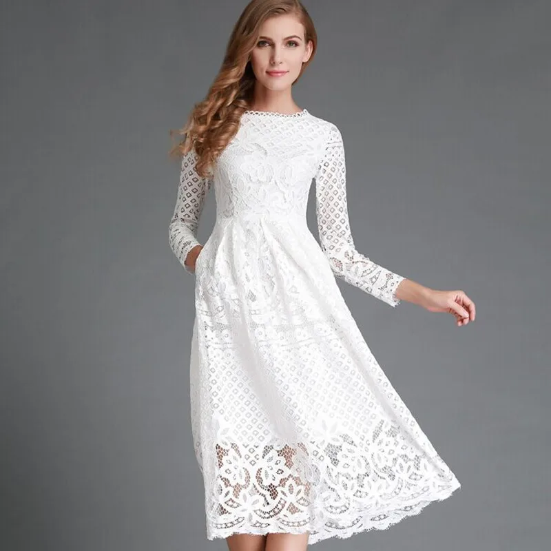 

New 2016 Autumn Fashion Hollow Out Elegant White Lace Elegant Party Dress High Quality Women Long Sleeve Casual Dresses winter