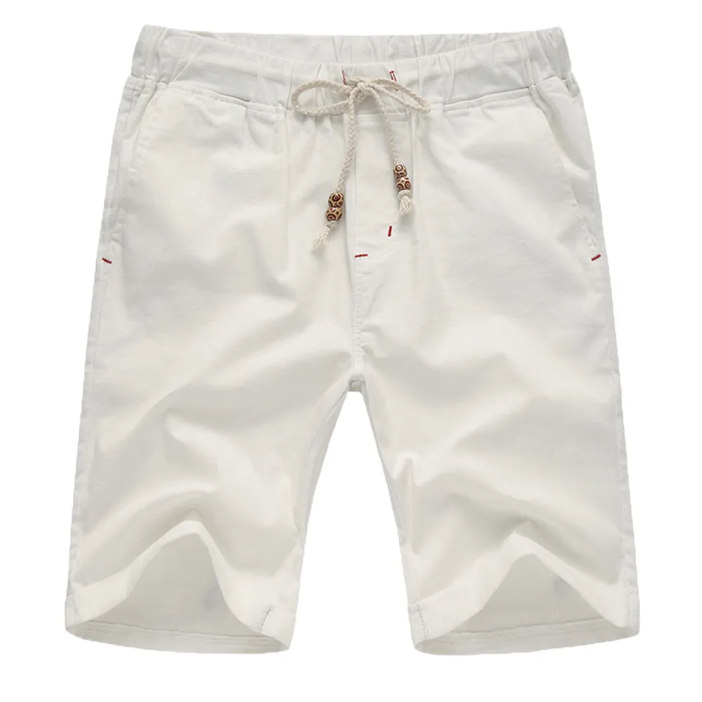 Для мужчин Уличная летние льняные хлопковые однотонные пляжные повседневное эластичный пояс Классический Fit шорты-бермуды masculina de marca
