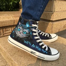 Вэнь Лидер продаж дизайн с ручной росписью обуви на заказ Чеширский кот темно синие высокие мужские женские парусиновые кроссовки рождественские подарки