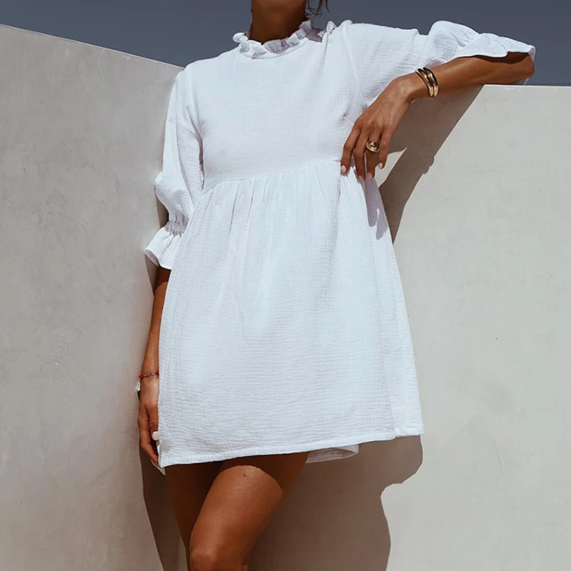 

Women Ruffles Elastic Waist Loose Straight White Mini Dresses Half Sleeve Shirt Dress 2019 Summer Fashion Woman Boho Sundress