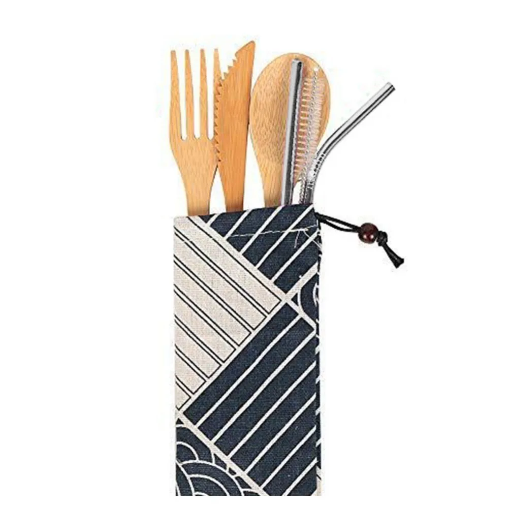 

Bamboo 6/set Tableware Set Solid Japan Style Dinnerware Knife Fork Spoon Straw With Brush Cloth Bag Cutlery Tableware Dinner Set