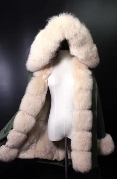 Новая мода Длинные парки женские зимние из натуральной лисы меховой воротник с капюшоном пальто Настоящий мех кролика подкладка женская теплая куртка женская - Цвет: Color 2