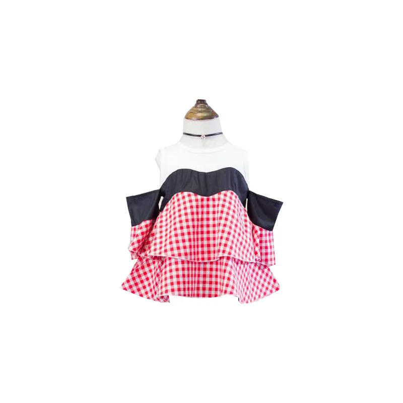 DFXD New Brand Girls Summer Tops 2017 Korean Girls Off Shoulder Speaker Sleeves Plaid Kids T shirt Children Clothes Girls Shirt