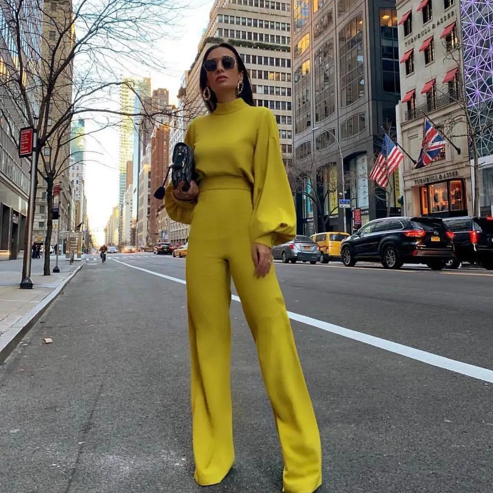 

Women Fashion Elegant Office Workwear Casual Jumpsuits 2019 Spring High Neck Long Sleeve Wide Leg Romper 0509-60