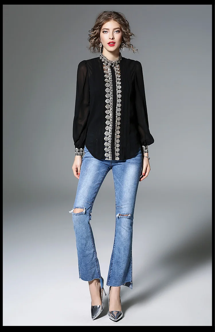 Блузка женская белая с высоким воротником и вышивкой S81229L 2018|lantern sleeve|sleeve topwomen blouses