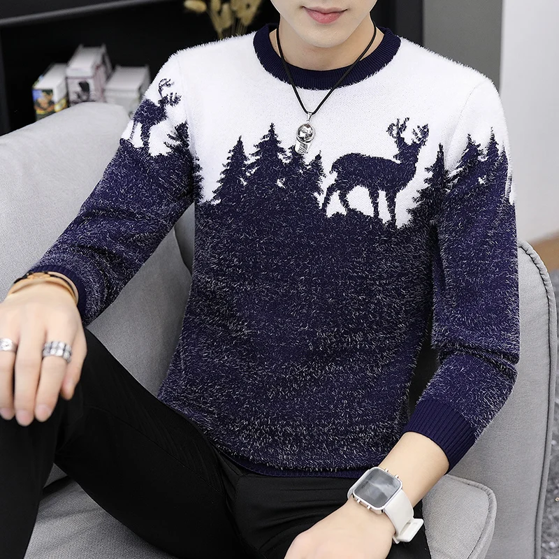 

2019 male round collar men long sleeve winter The deer woods sets knitwear fashion color matching sweater