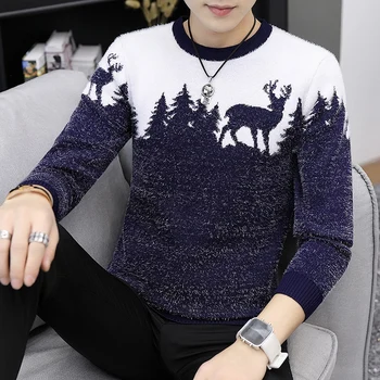 

2020 male round collar men long sleeve winter The deer woods sets knitwear fashion color matching sweater