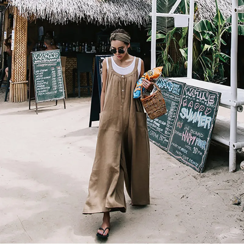 

Johnature New 2019 Cotton Linen Korean Casual Large Size Loose Sleeveless Long Jumpsuits Summer Women Clothes Joker Playsuits
