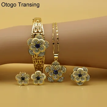 

Otogo Transing 2019 Party Gold Color Jewelry Set Charm Women Fashion Blue Crystal Ring Earrings Necklace Bracelet Flower SET210