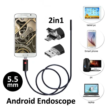 

2in1 Android OTG Snake USB Endoscope Camera 5.5mm 2M/5M Smart Android Phone OTG USB Borescope Inspection Snake Tube Camera