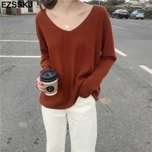 Весна-осень, свободный тонкий свитер с v-образным вырезом, Женский вязаный Топ, Повседневные пуловеры с длинным рукавом, большой размер, Женский кашемировый свитер
