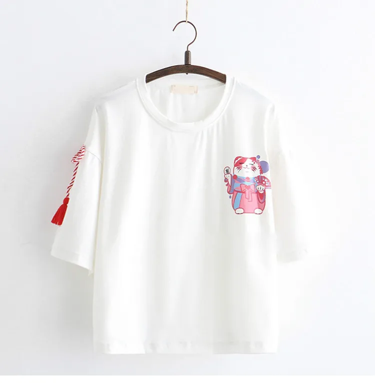 Neploe, японские милые футболки, короткий рукав, кисточка, галстук-бабочка, шнуровка, топы,, летняя футболка с принтом кота, Круглый ворот, женские футболки 52537 - Цвет: Белый