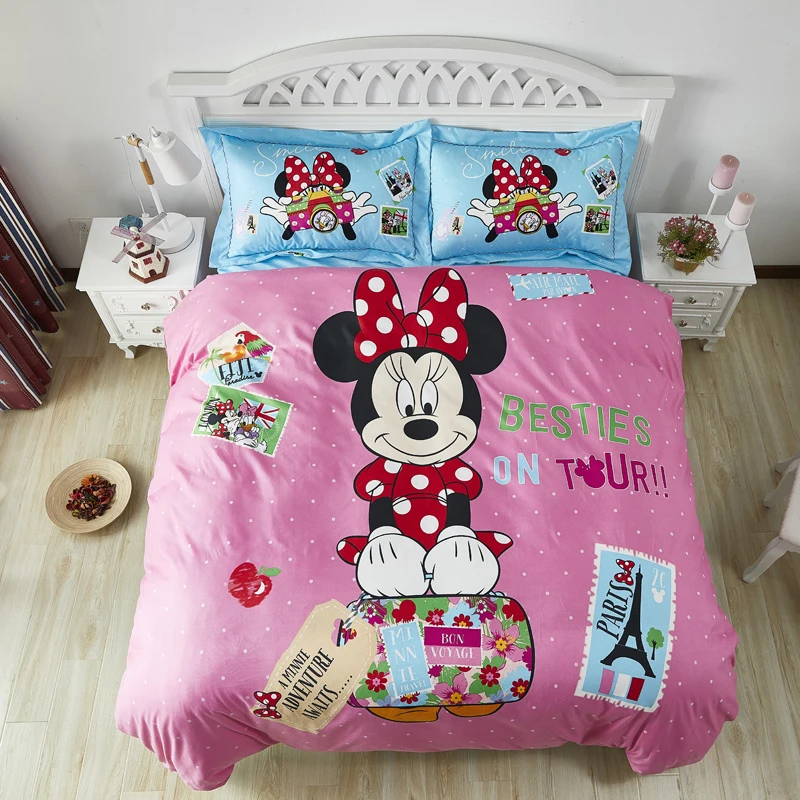 Us 49 98 30 Off Disney Cute Cartoon Minnie Mouse Bedding Set Blue And Pink Duvet Cover Set For Girls Queen Size For Chidren Kids Birthday Gift In