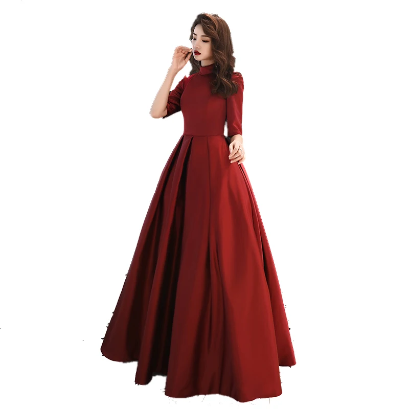 Elegant O-neck Ball Gown Evening Dresses Long 2019 Wine Red Satin Plus Size Muslim Formal Dresses For Women