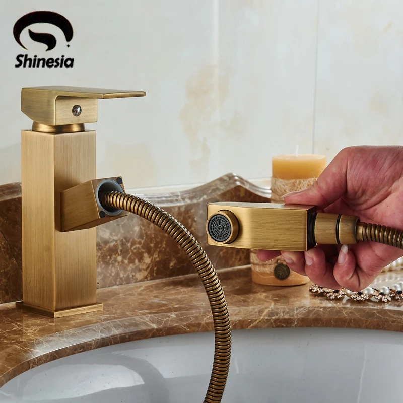 Antique Brass Bathroom Sink Faucet Single Handle Mixer Tap 360 Degree Rotating Spout Pull Out Basin Faucet hpb multi function pull out lifting bathroom faucet brass bathroom sink mixer dual pattern spout 360 rotation design hp3048