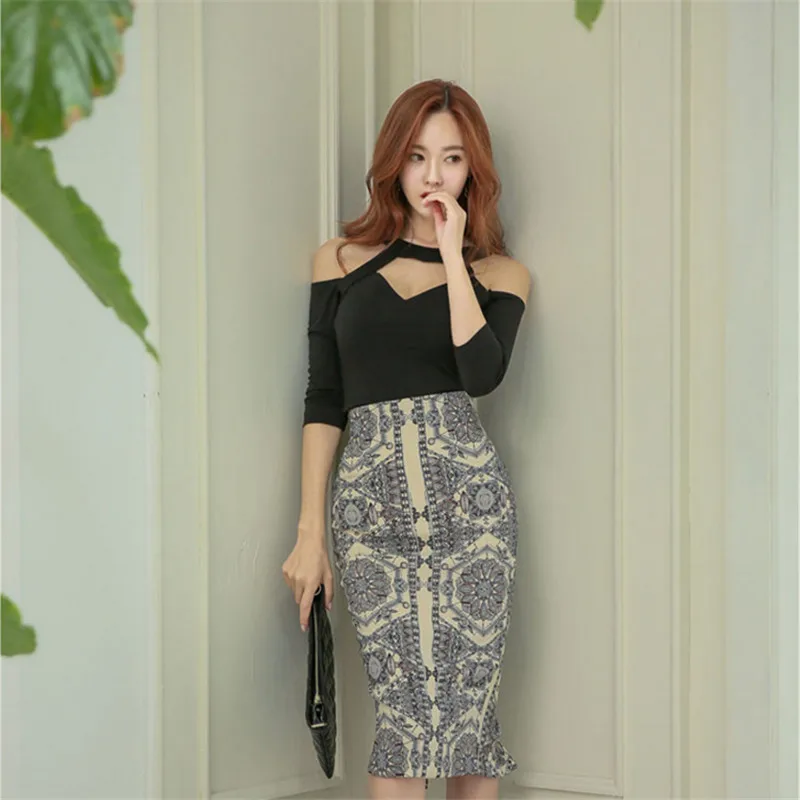 Korean Summer 2 Pieces Outfits Sexy Cut Out Crop Top Print Pencil Skirt