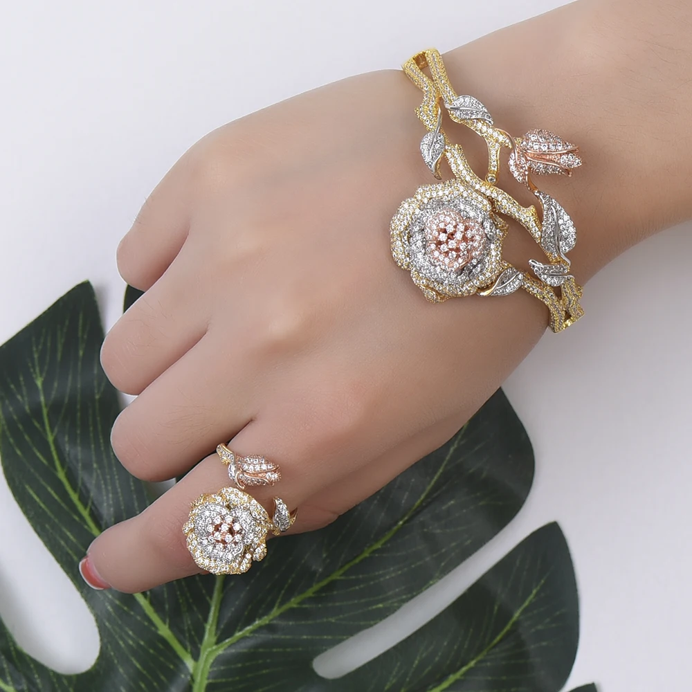 

missvikki Blooming Flowers Bangle Ring Jewelry Set Cubic Zirconia For Women Wedding Engagement Anniversary Accessories