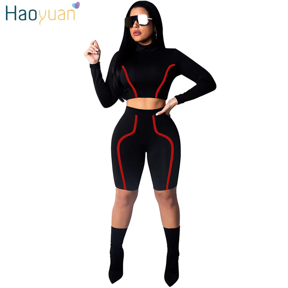 

HAOYUAN Two Pieces Set Tracksuit Women Striped Patchwork Crop Top and Biker Shorts Sweat Suit Casual Club Outfits Matching Sets