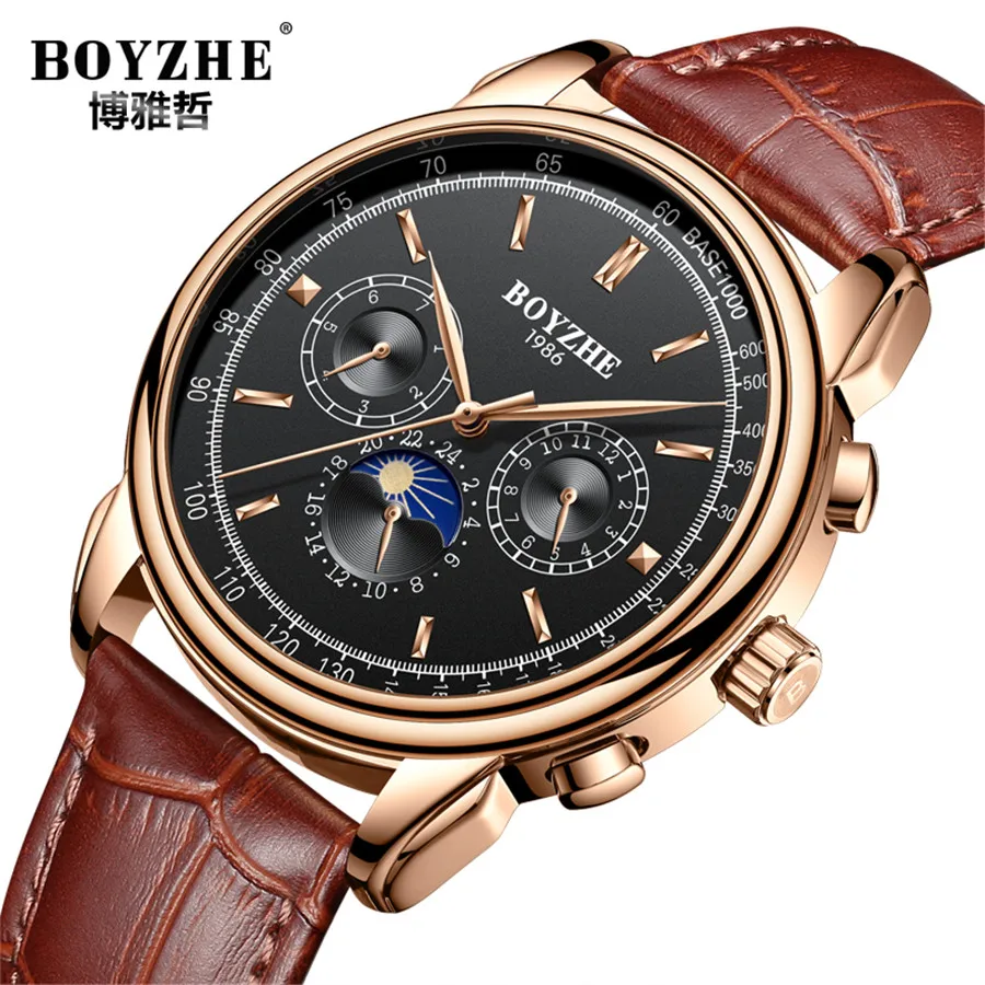 

New Men Full-automatic Mechanical Watch Rose gold Luxury Fashion Brand Genuine Leather Man Multifunctional Military Watches
