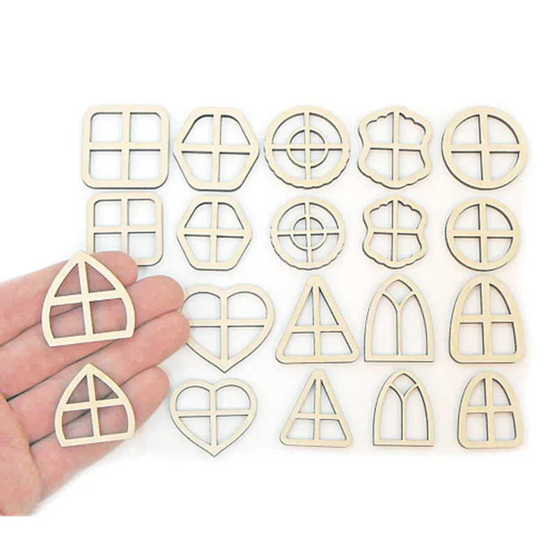 20pcs Wooden Fairy Window Embellishments Blank Shapes Windows Cut Out