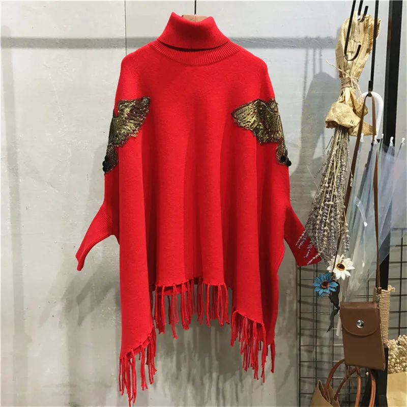 

2019 autumn and winter models solid color high collar eagle fringed shawl sweater loose long cloak pullover sweater women