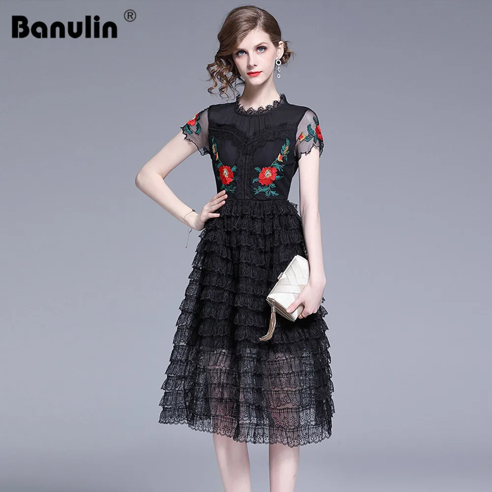 

Luxury Dress New 2019 Summer Fashion Designer New Elegant Flower Embroidery Black Lace Slim Women Vintage Midi Dress