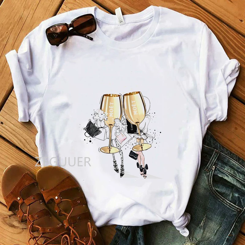 

Summer Tops Shopping Girl T-shirt Vogue Two Cup Wine Cheese Illustration Tees 100% Cotton Soft O-Neck White Women Casual T-Shirt