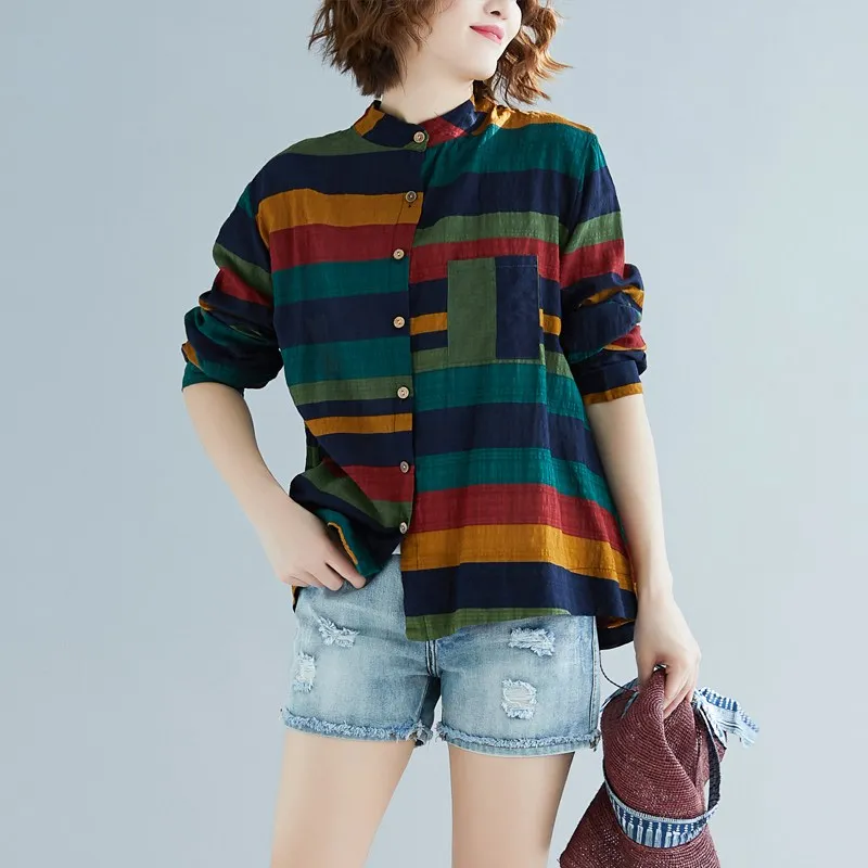 المرأة متعدد الألوان مخطط قميص عارضة طويلة الأكمام زر بلوزة زائد حجم عارضة النساء الربيع الصيف أنيقة قطنية عالية الجودة