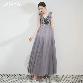 

LAMYA Vestido De Festa Evening Dress 2019 Embroidery V Neck Prom Party Dresses Long Dress Robe De Soiree A-line Formal Gown