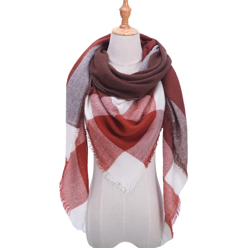Модный зимний теплый клетчатый треугольный кашемировый шарф для женщин, Полосатое одеяло, Вязаная Шаль и обертывания, Пашмина, женский шарф