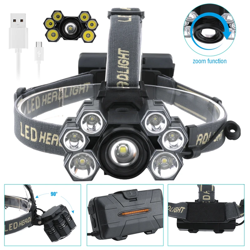 Головной фонарь Boruit 3 * T6 + 4 XPE 7 светодиодов микро USB зуммируемый зум налобный для