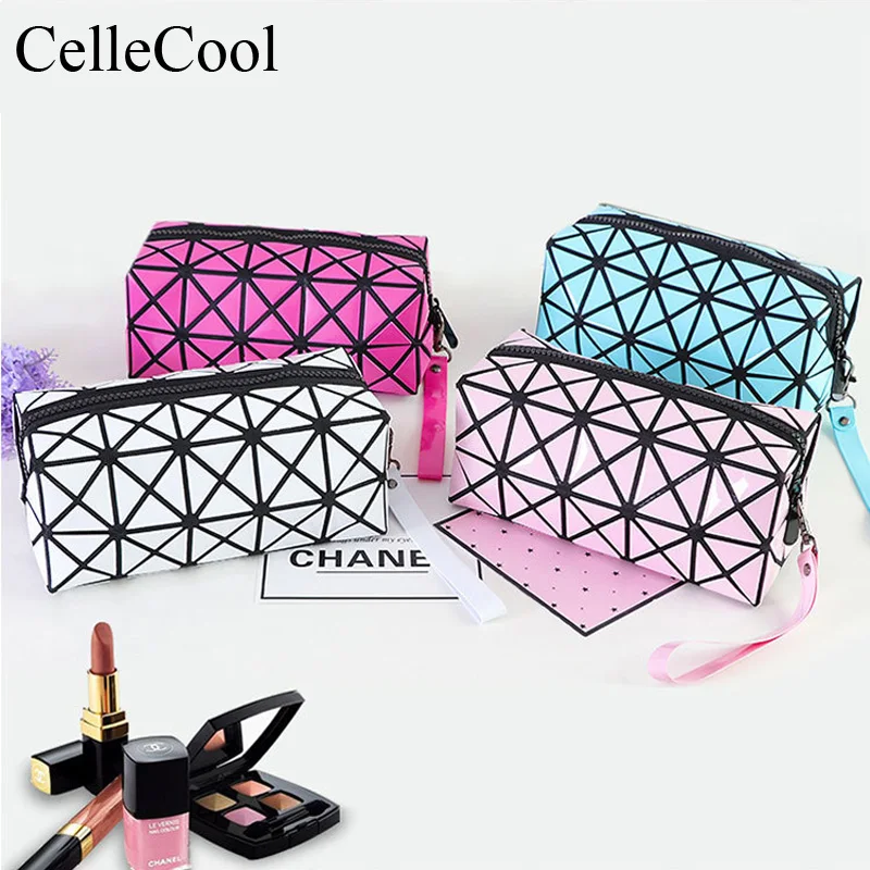 جديد هندسية سستة التجميل حقيبة الليزر فلاش جلدية مستحضرات تجميل للنساء كبيرة تخزين حزمة النساء الماس حقيبة مستحضرات تجميل الماس
