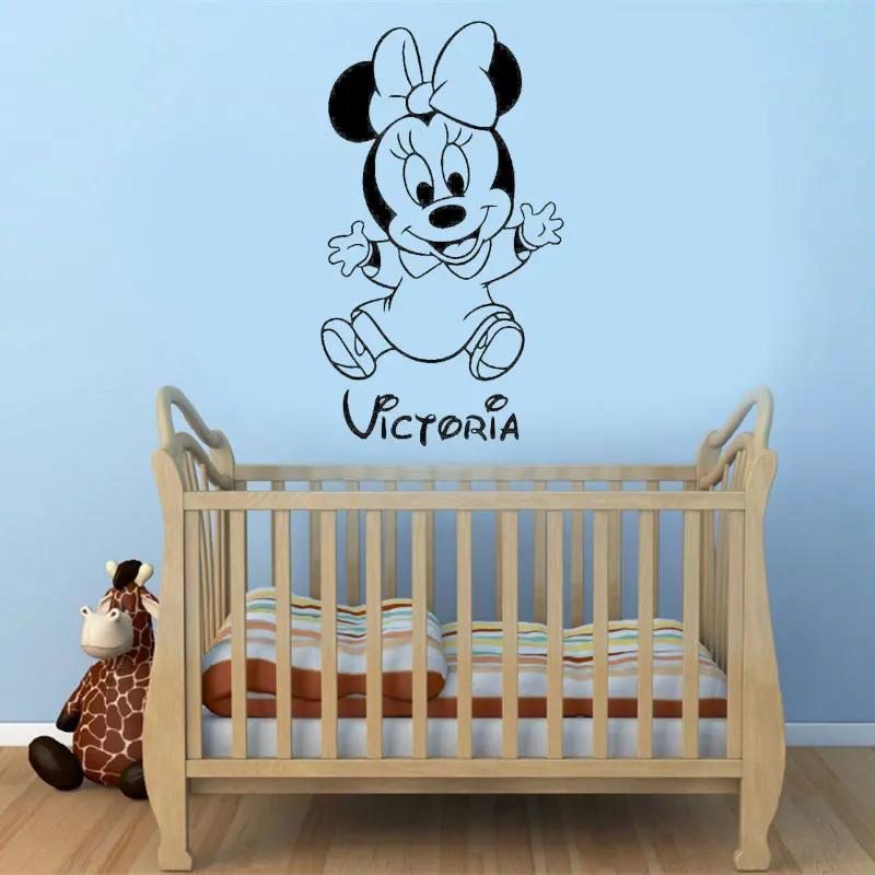 

Cute Baby Minnie Mouse Decal Custom Girl Name Room Vinyl Sticker High Quality Wall Sticker Nordic Child Bedroom Decor NR43