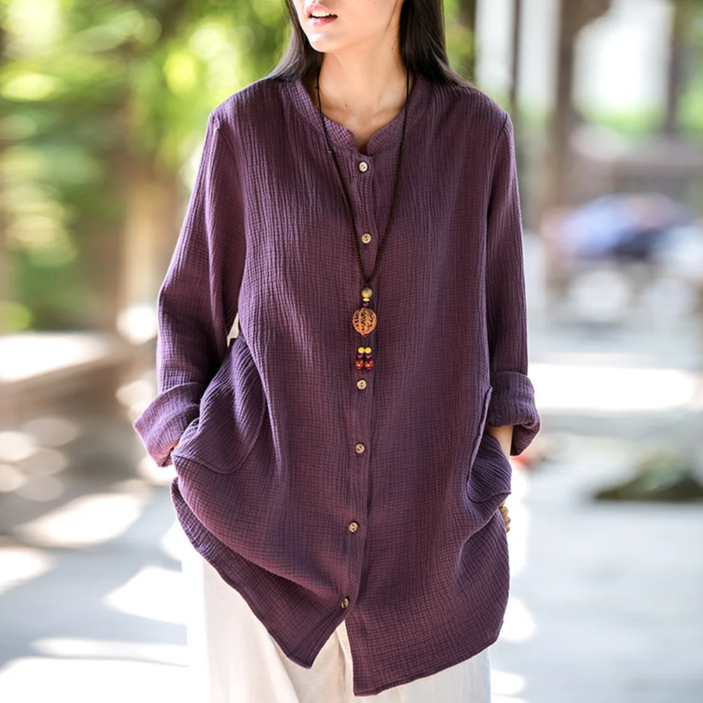 

2018 Spring Summer New Original Weaving Fixed Dyeing Soft Comfortable Double Layer Women Long Sleeve Cotton Linen Jacket