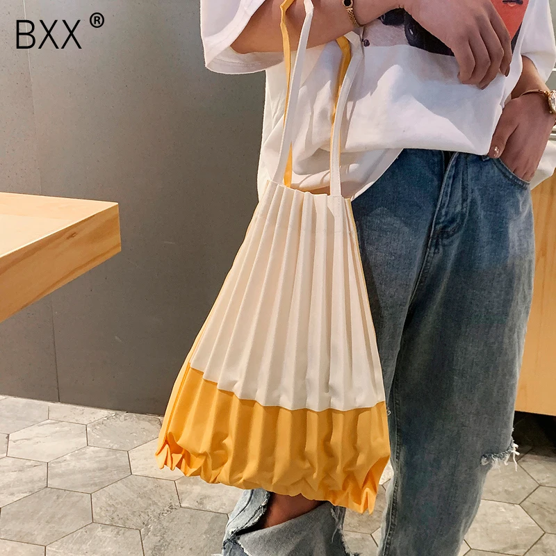 

[BXX] 2019 Harajuku Style Causal Tote Bag Canvas Large Capacity Women's Shoulder Bag Female All-match Pleated Handbag HF218