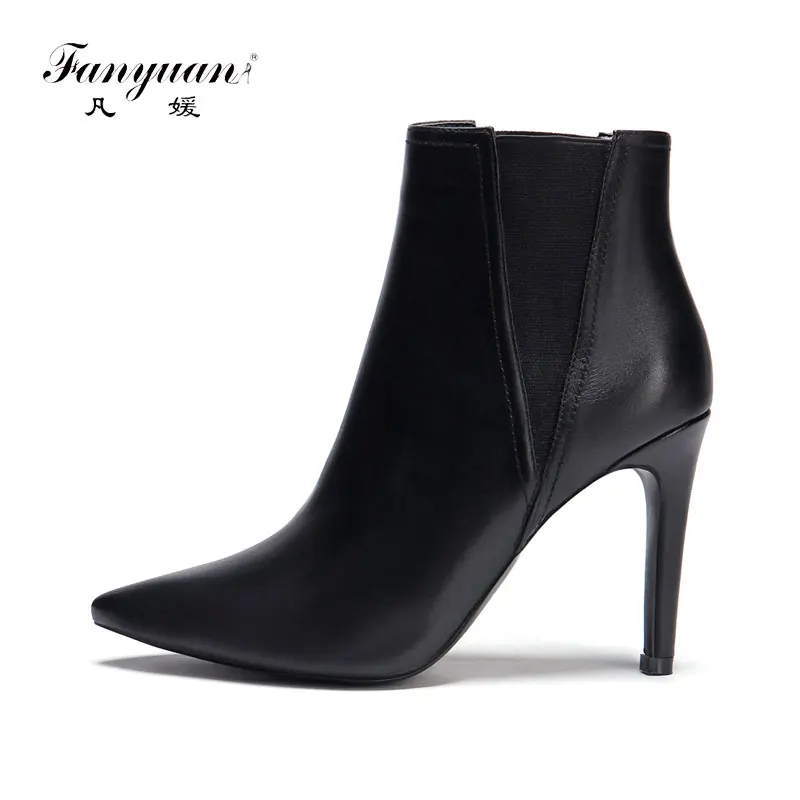 

Fanyuan Fashion Women Chelsea Boots Autumn Genuine Leather Black Shoes Sexy Pointed Toe Thin High Heel Ankle Boots Botas Mujer