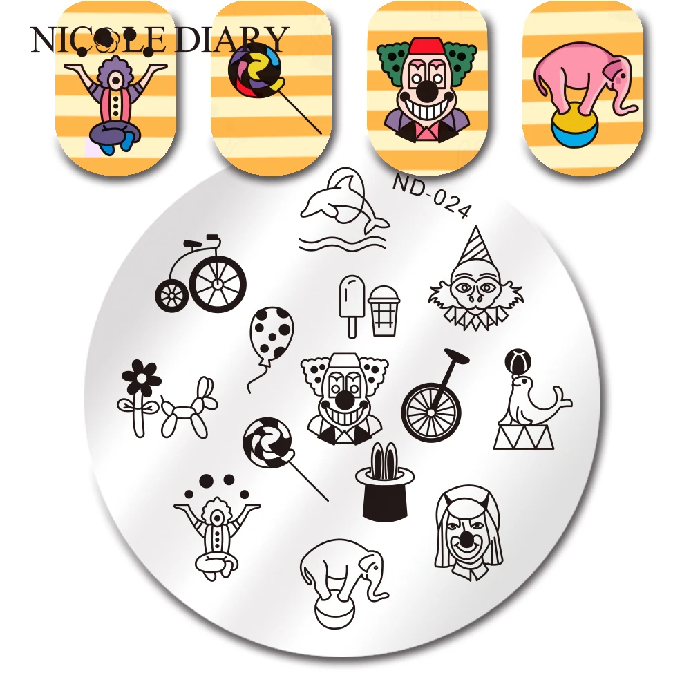 

NICOLE DIARY Juggle Clown Lollipop Stamping Plate Round Manicure Nail Art Stamp Image Plate ND-024