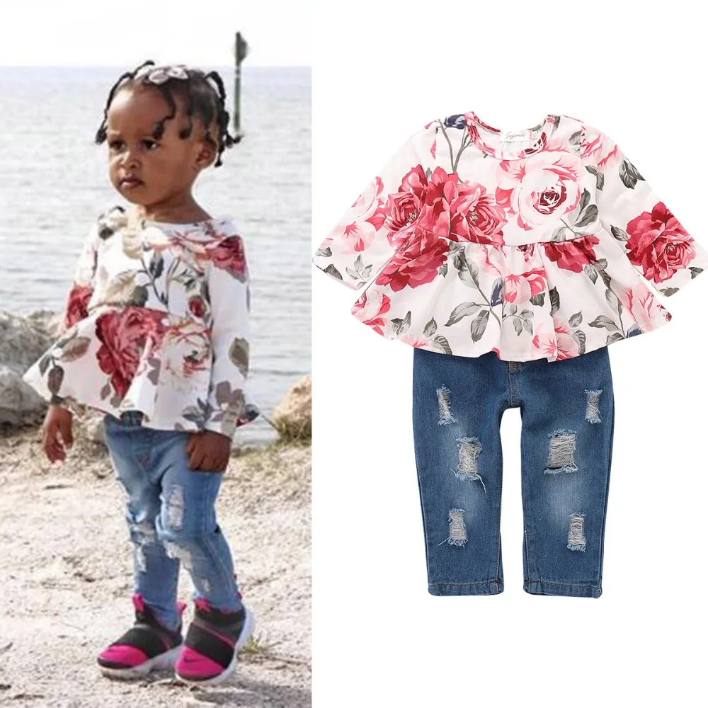 Puseky/Одежда для маленьких девочек топ с длинными рукавами и цветочным принтом + рваные штаны дырявые джинсы комплект повседневной одежды из