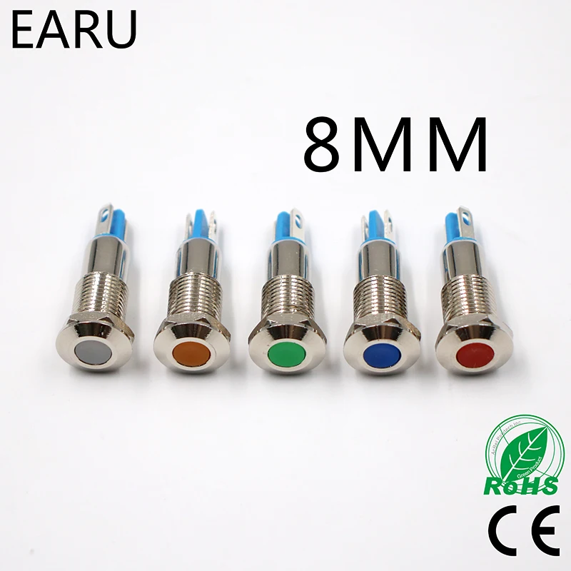 

8mm Metal Indicator Light LED Waterproof Signal Lamp 5V 6V 9V 12V 24V 110V 220V Dot Concave Red Blue Green Yellow Pilot Round