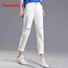 Женская одежда Dunayskiy, белые, черные, свободные, высокая талия, тонкие джинсы, повседневные, размера плюс, базовые, с дырками, шаровары, брюки, модные