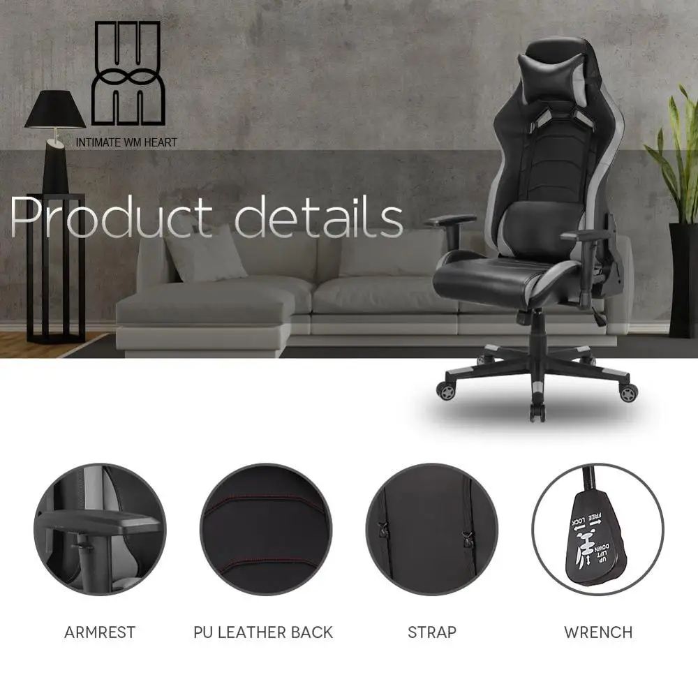 Racing Gaming Computer Chair Racing Sport Style PU Leather Swivel Office Chair with Adjustable Head Pillow