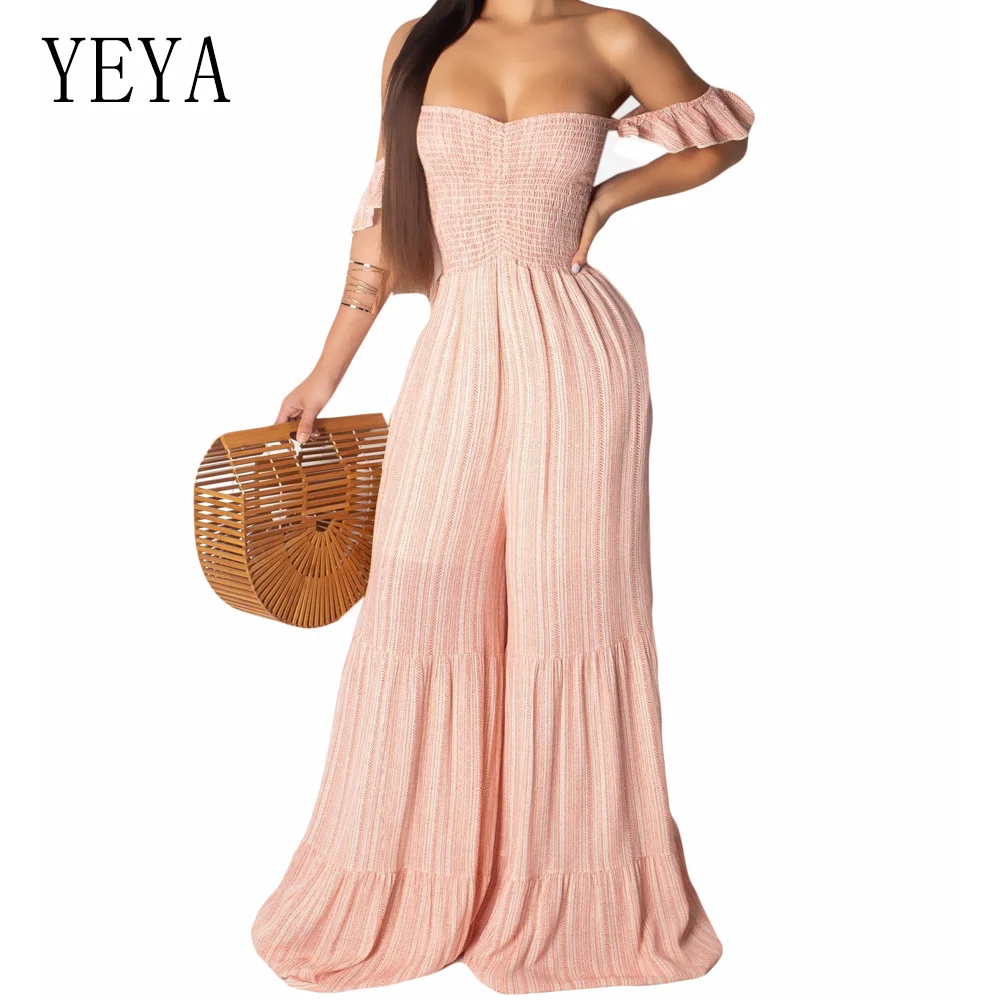 

YEYA New Arrival Striped Loose Wide Leg Playsuits Women Elegant Off Shoulder Jumpsuits Summer Strapless Beach Party Overalls