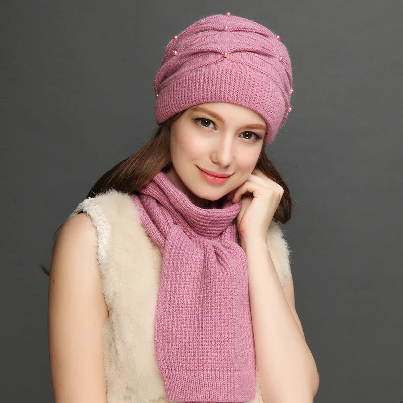Женская зимняя теплая шапка, шарф, Дамская вязаная шерстяная шапка ручной работы, Студенческая теплая осенняя и зимняя вязаная шапка, шапка для девочек, B-7633 - Цвет: Розовый