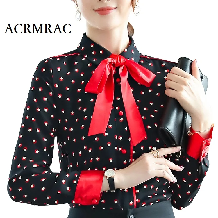 ACRMRAC Women shirt Slim Polka Dot splice OL Formal Business Long sleeve shirt Women