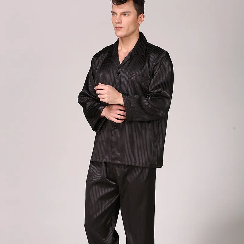 Весенняя Мужская шелковая пижама, пижамный комплект, Мужская пижама, современный стиль, шелковая ночная рубашка, Домашняя мужская атласная мягкая уютная одежда для сна - Цвет: Black
